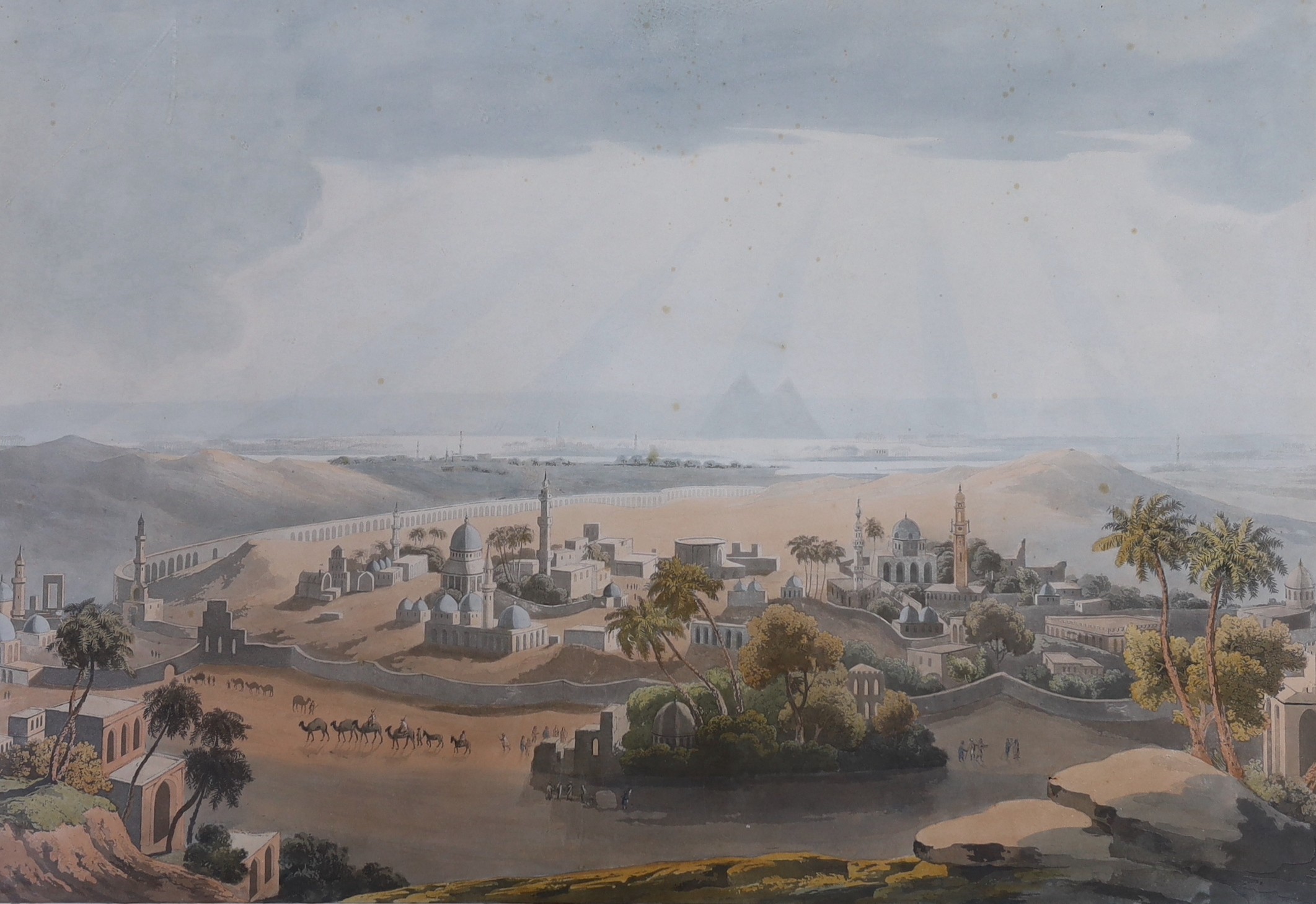 Havell after Henry Salt, coloured aquatint, The Pyramids at Cairo, number XXIV, visible sheet 51 x 71.5cm